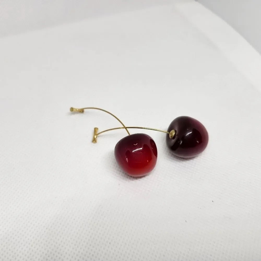Cherry Drop Earrings Dangle Gold Brushed Sterling Silver Hook Statement Jewelry - Picture 4 of 8